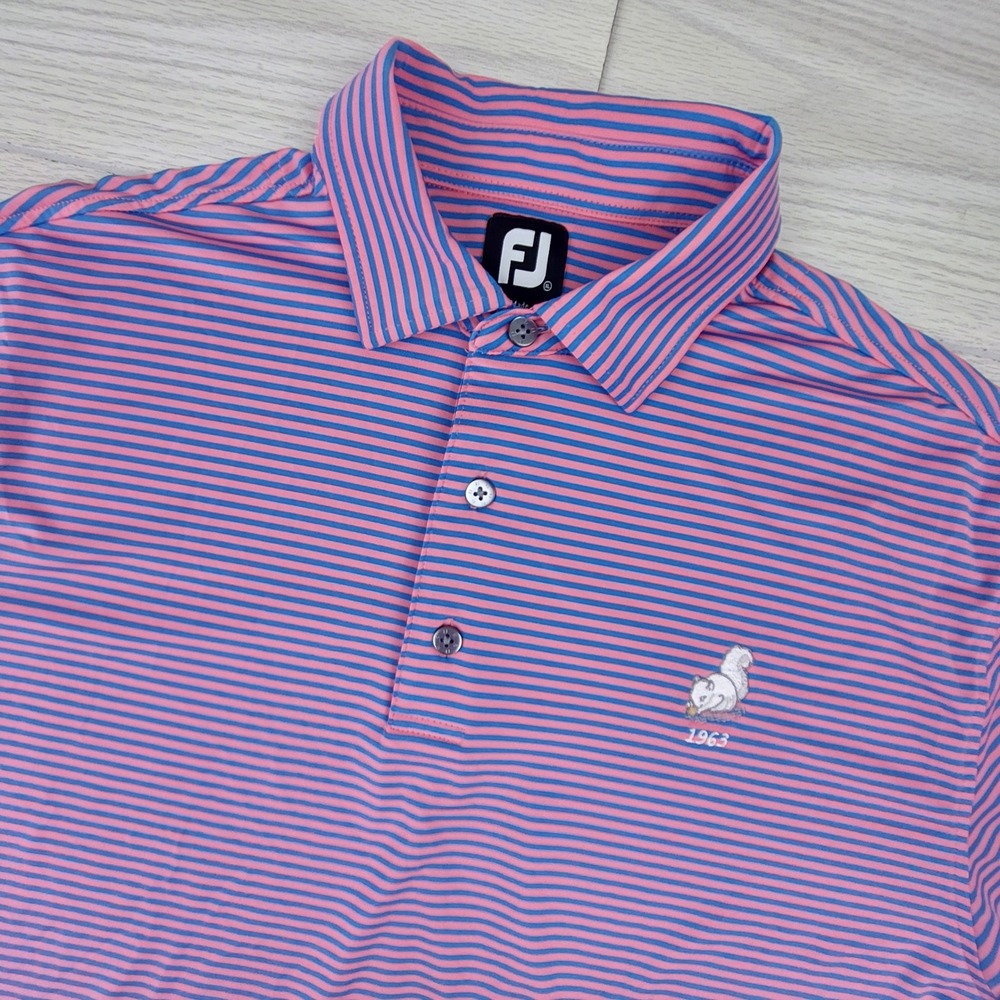 FootJoy Golf Polo Shirt Mens XL Pink Blue Striped Oakmont CC Performance Stretch